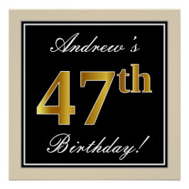 Póster Elegante, Preto, Faux Dourado 47º Aniversário + No