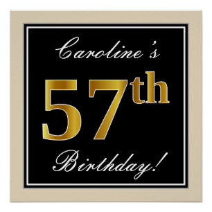 Póster Elegante, Preto, Faux Dourado 57º Aniversário +