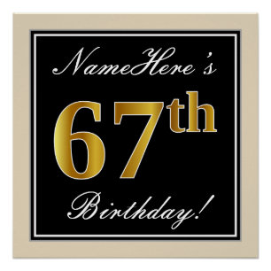 Póster Elegante, Preto, Faux Dourado 67º Aniversário +