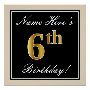 Póster Elegante, Preto, Faux Dourado 6 Aniversário + Nom