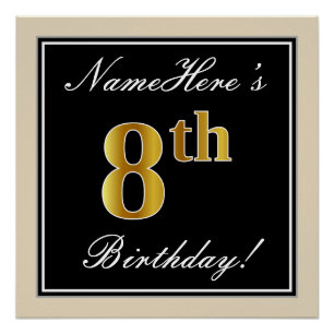 Póster Elegante, Preto, Faux Dourado 8º Aniversário + N