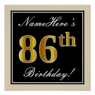 Póster Elegante, Preto, Faux Dourado 86º Aniversário + No
