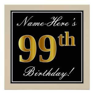 Póster Elegante, Preto, Faux Dourado 99º Aniversário +