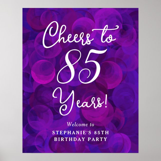 Poster Elegante Purple Cheers para 85 anos 85 anos aniver (Frente)
