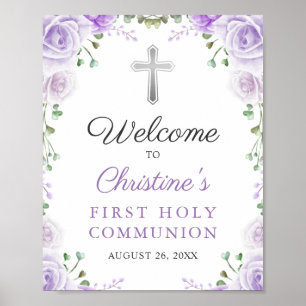 Poster Elegante Purple Floral Primeira Sagrada Comunhão d
