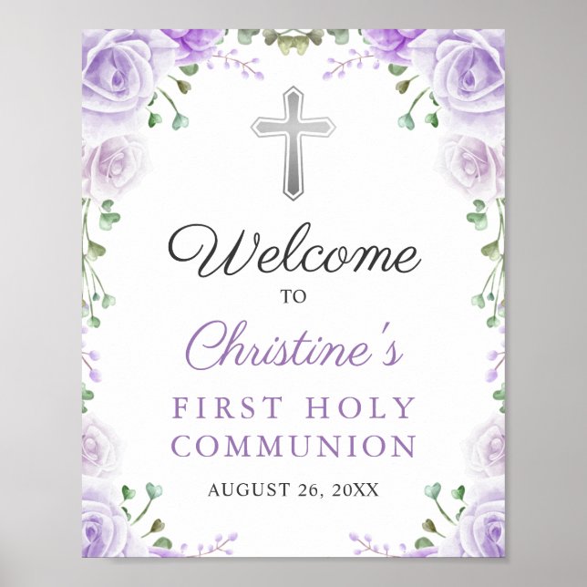 Poster Elegante Purple Floral Primeira Sagrada Comunhão d (Frente)