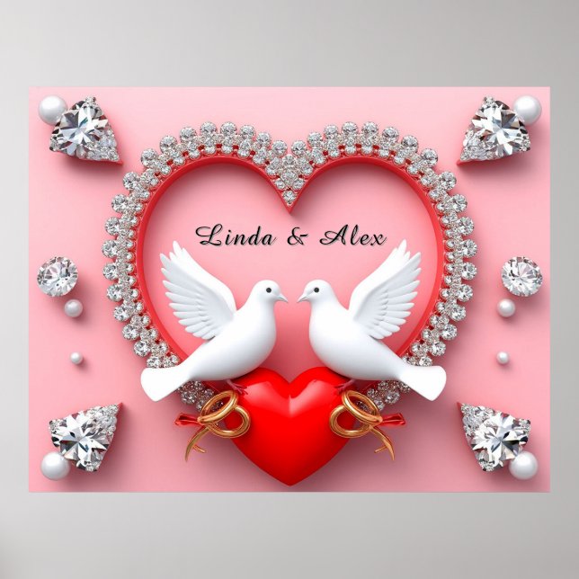 Poster Elegante Quadro de Casamento com Pombas Brancas (Frente)