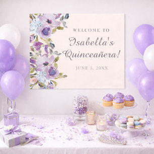 Poster Elegante Quinceañera Bem-vinda em Lilás Azul Flora