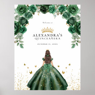 Poster Elegante Quinceañera Floral Falso Folheado Esmeral