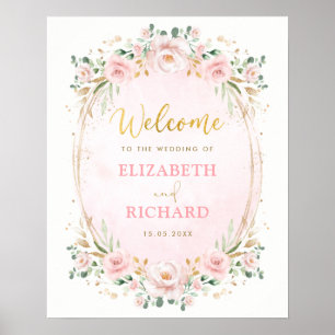 Poster Elegante Rosa Bege Dourado Floral Casamento Bem-vi