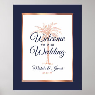 Poster Elegante Rosa de Ouro Azul Marinho Casamento Bem-v