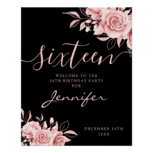Póster Elegante Rosa Dourada Boas-vindas Sweet 16 Floral