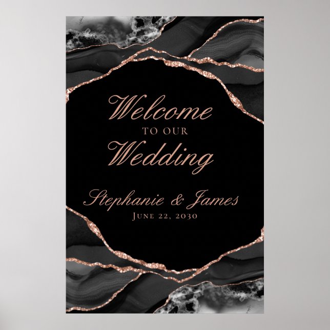 Poster Elegante Rosa Dourada Folha Ágata Boda Bem-Vindo (Frente)