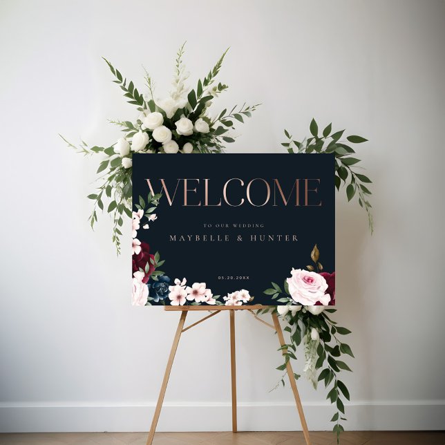 Poster Elegante Rosa Dourado Borgonha e Florais Marinhos (Elegant Welcome Rose Gold Burgundy & Navy Florals Poster)