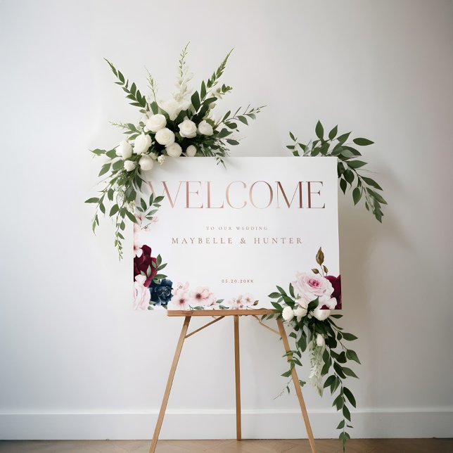 Poster Elegante Rosa Dourado Borgonha e Florais Marinhos (Elegant Welcome Rose Gold Burgundy & Navy Florals Poster)