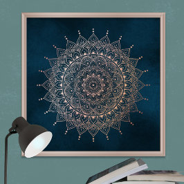Poster Elegante Rosa Dourado em Teal Floral Henna Mandala