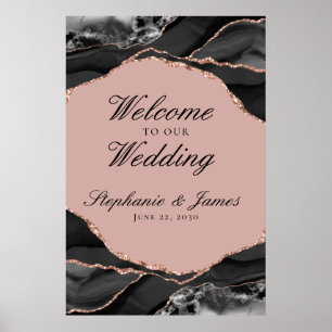 Poster Elegante Rosa Dourado Folha Ágata Casamento Bem-vi