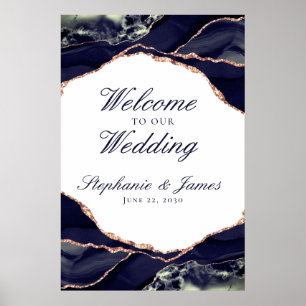 Poster Elegante Rosa Dourado Folha Naval Ágata Casamento 