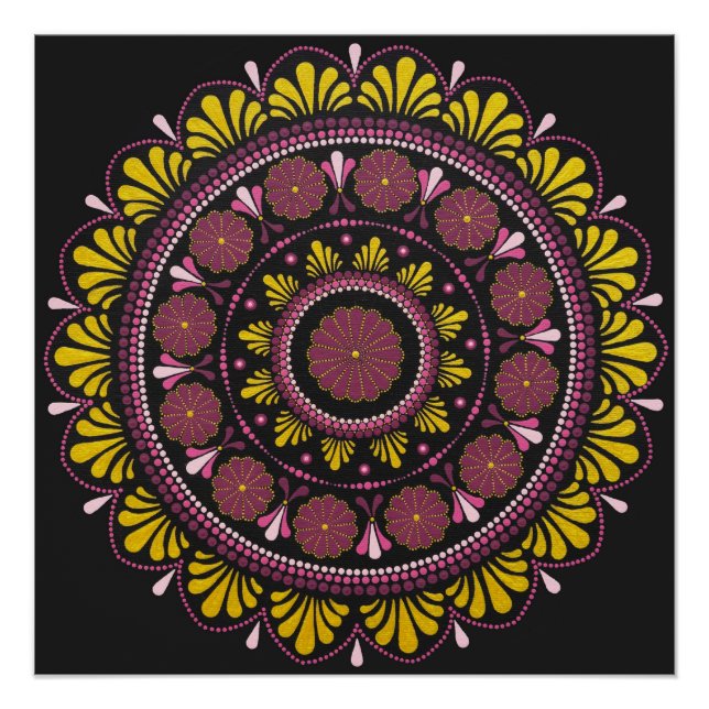 Póster Elegante rosa Dourado Mandala, Boho Zen Dot Art Fl (Frente)