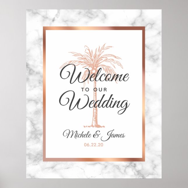 Poster Elegante Rosa Dourado Palm Tree Marble Wedding Bem (Frente)