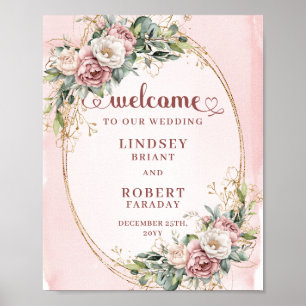 Poster Elegante Rosa Floral Eucalipto Dourado Bem-Vindo 