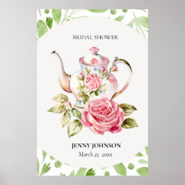 Poster Elegante Rosa Verde Floral Flores Chá de Noiva