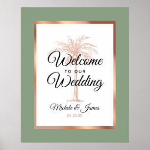 Poster Elegante Rosa Verde Safira Dourado Palma Casamento