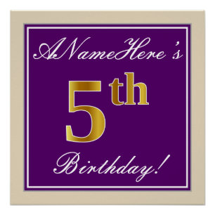 Póster Elegante, Roxo, 5 Faux Dourado Aniversário + Nome