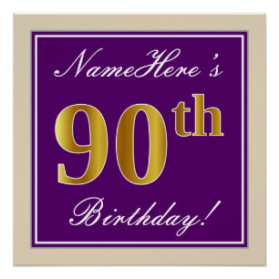 Póster Elegante, Roxo, 90 Faux Dourado Aniversário + Nom