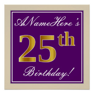 Póster Elegante, roxo, aniversário do ouro do falso 25o 