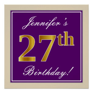 Póster Elegante, Roxo, Dourado Falso Aniversário de 27 an