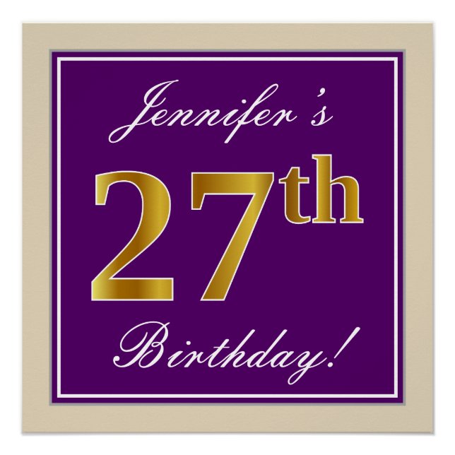 Póster Elegante, Roxo, Dourado Falso Aniversário de 27 an (Frente)