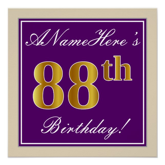Póster Elegante, Roxo, Falso Dourado 88º Aniversário + No (Frente)