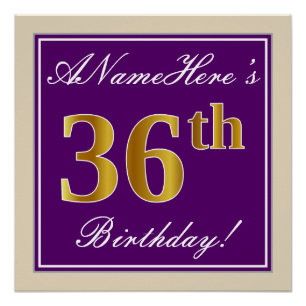Póster Elegante, Roxo, Falso Dourado Aniversário de 36 an