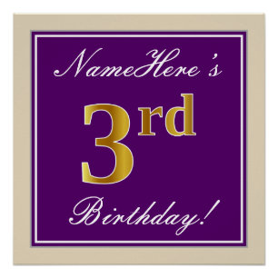 Póster Elegante, Roxo, Faux Dourada aniversário de 3 ano