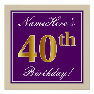 Póster Elegante, Roxo, Faux Dourada aniversário de 40 an