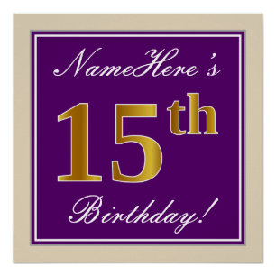 Póster Elegante, Roxo, Faux Dourado 15 Aniversário + Nom