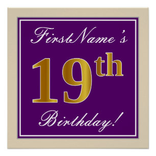 Póster Elegante, Roxo, Faux Dourado 19º Aniversário + N