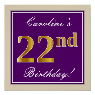 Póster Elegante, Roxo, Faux Dourado 22º Aniversário + Nom