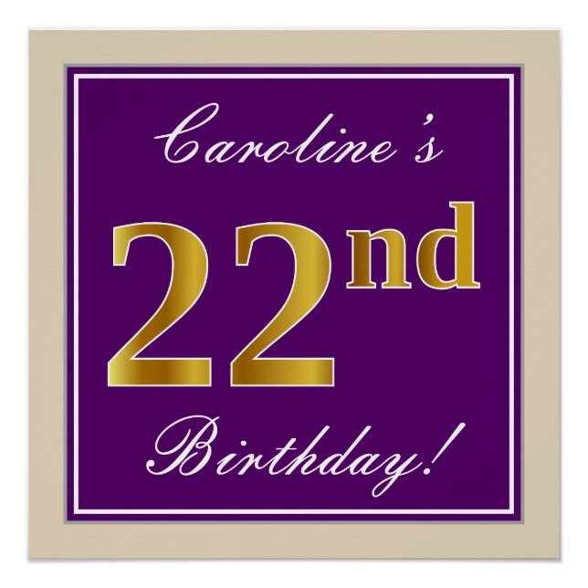 Póster Elegante, Roxo, Faux Dourado 22º Aniversário + Nom (Frente)