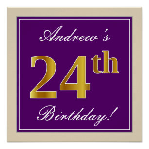 Póster Elegante, Roxo, Faux Dourado 24º Aniversário + N