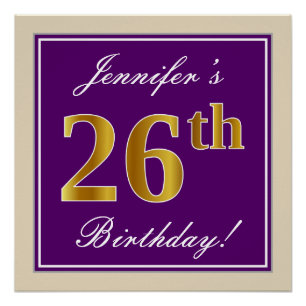 Póster Elegante, Roxo, Faux Dourado 26º Aniversário + N