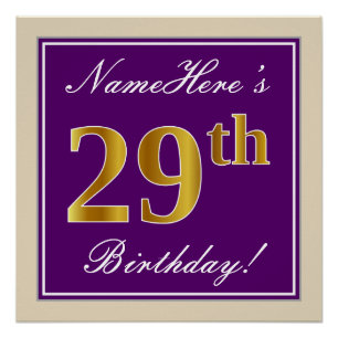 Póster Elegante, Roxo, Faux Dourado 29 Aniversário + Nom