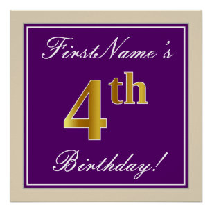 Póster Elegante, Roxo, Faux Dourado 4º Aniversário + Nome