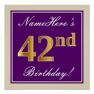 Póster Elegante, Roxo, Faux Dourado 42º Aniversário + N