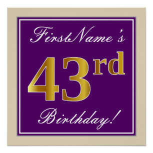 Póster Elegante, Roxo, Faux Dourado 43º Aniversário + N