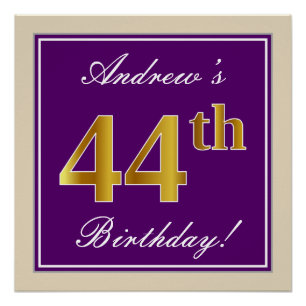 Póster Elegante, Roxo, Faux Dourado 44 Aniversário + Nome