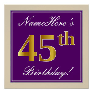 Póster Elegante, Roxo, Faux Dourado 45º Aniversário + N