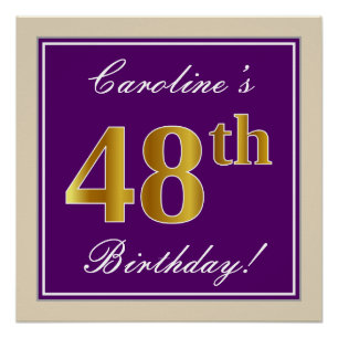 Póster Elegante, Roxo, Faux Dourado 48º Aniversário + Nom