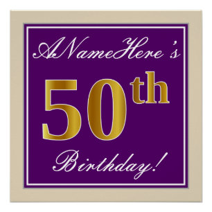 Póster Elegante, Roxo, Faux Dourado 50º Aniversário + Nom